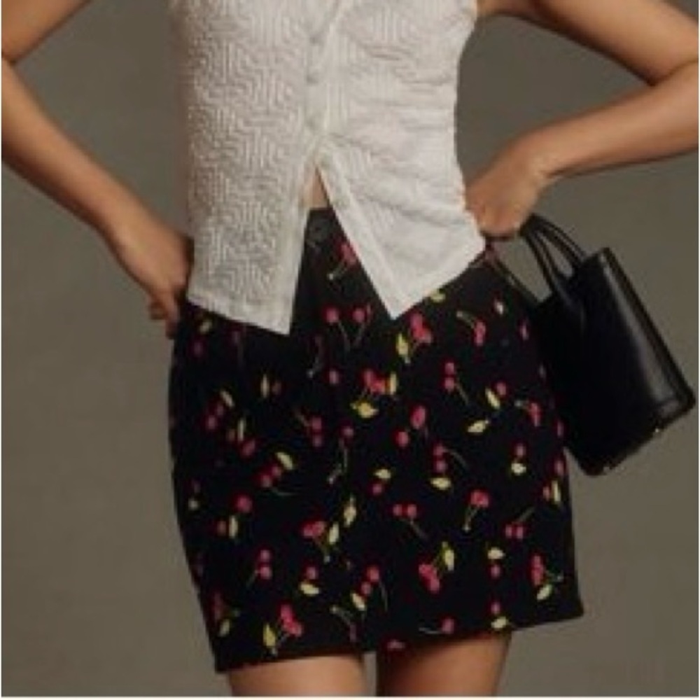 Maeve Cherry Print Black Skirt- NWT